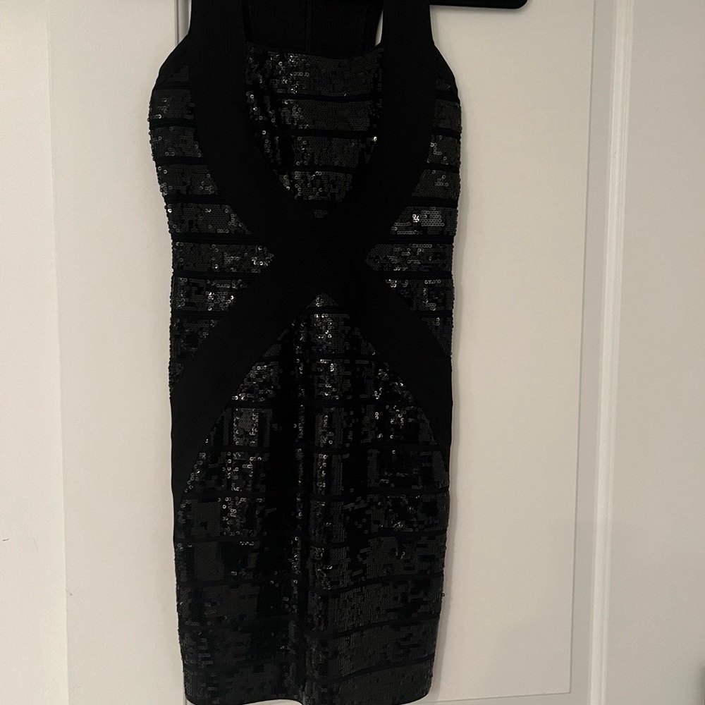 Black sequin Herve Leger cocktail dress, size small.